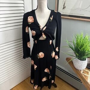 Reformation Dress 2 Black Floral Heidi Midi Cut Out Long Sleeve Dark Romance